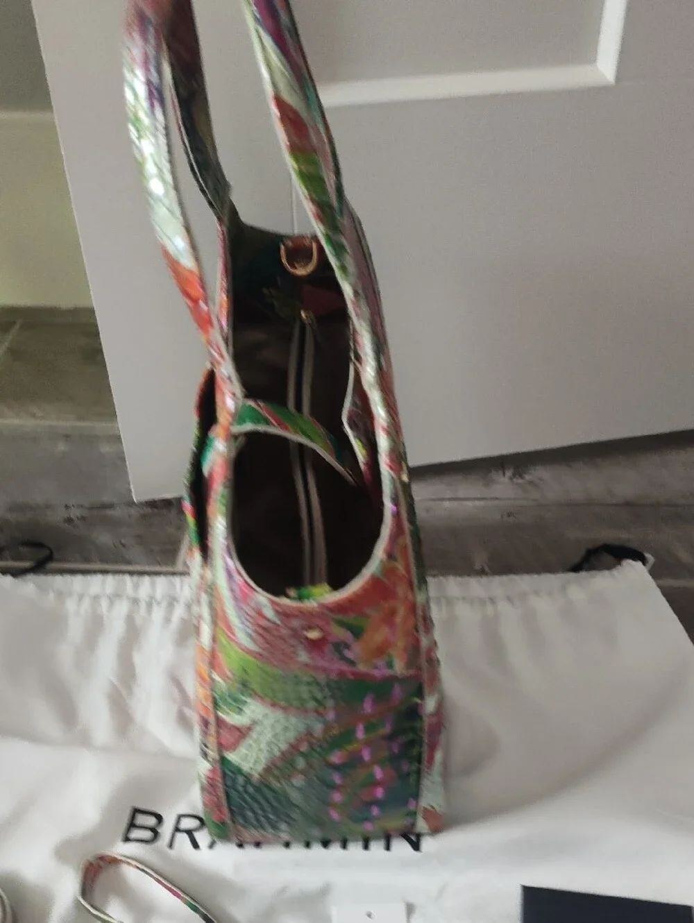 Brahmin Multicolor Floral Embossed Leather Shoulder Bag - Green, Pink, Orange